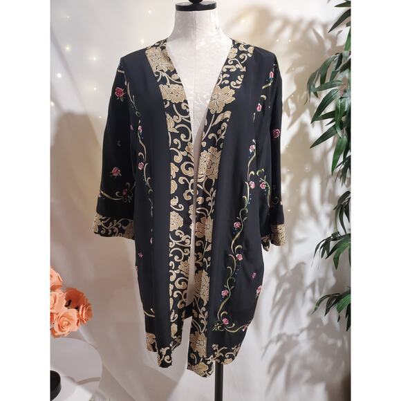Yi Lin Tops - Vtg 90s Yi Lin Silk Embroidered Floral Asian 3/4 Sleeve Kimono Womens S Black